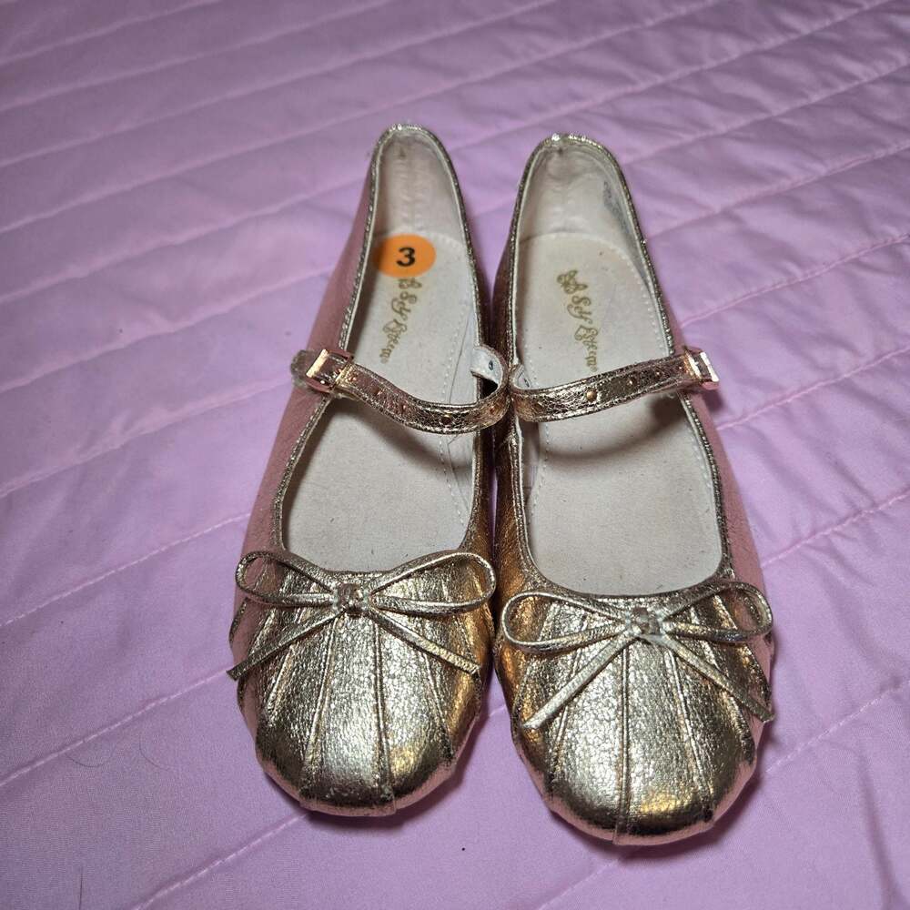 Self Esteem Girls Metallic Rose Gold Bow Mary Jane Ballet Flats Size 3